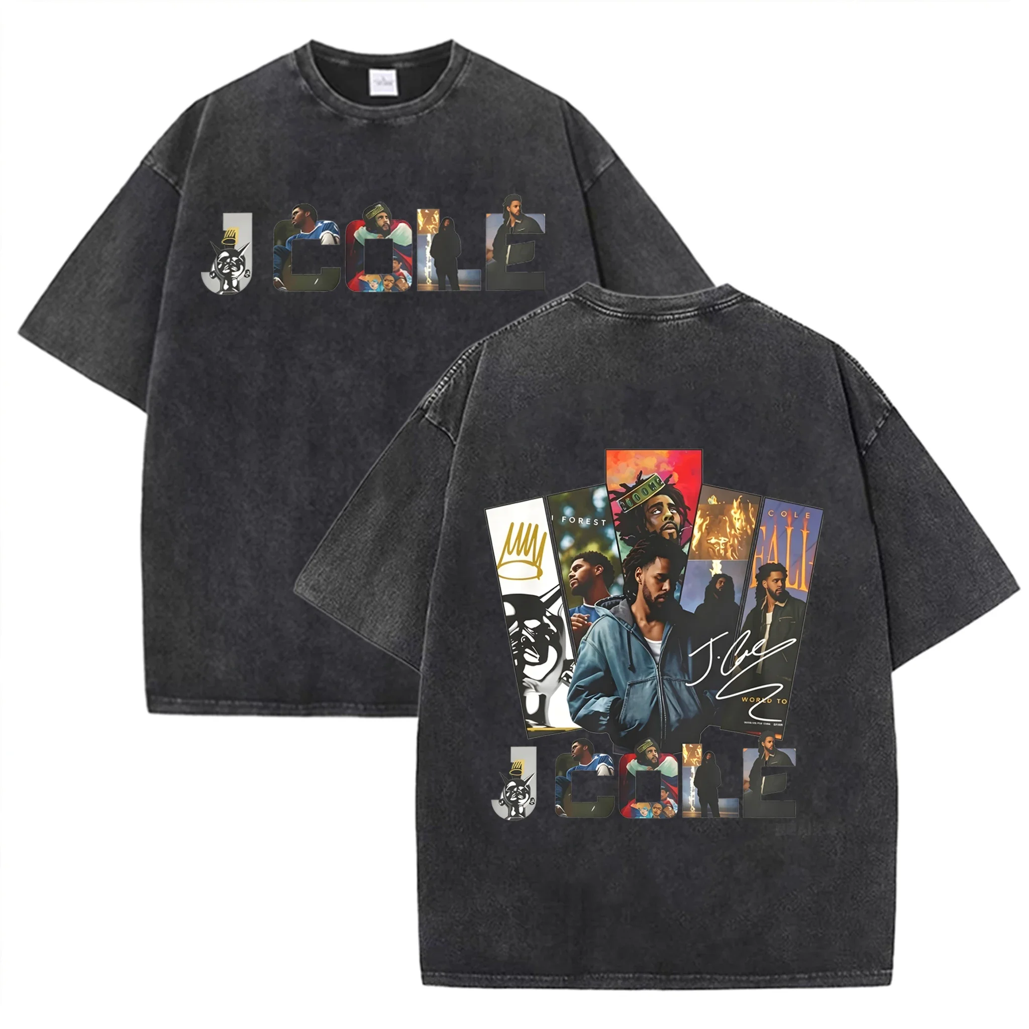 Oversized Round Neck T-shirt J Cole Hip-hop Singer Retro Photo Signature Graphic Double-sided Printing Casual Short-sleeved