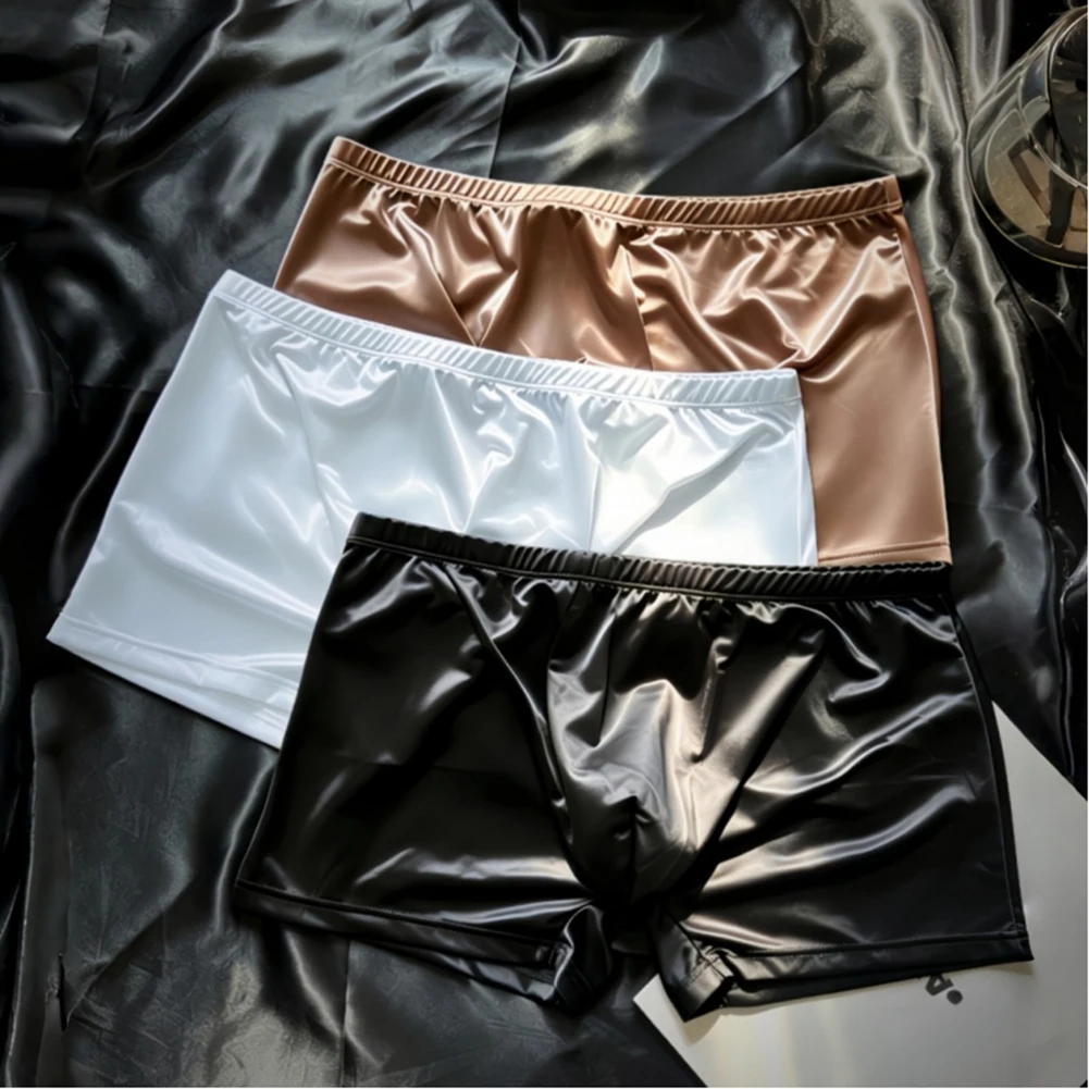 Men Smooth Glossy Satin-like Boxer Shorts Underwear Elastic U Convex Panti Brief High Elastic 3D Pouch Male Trunks
