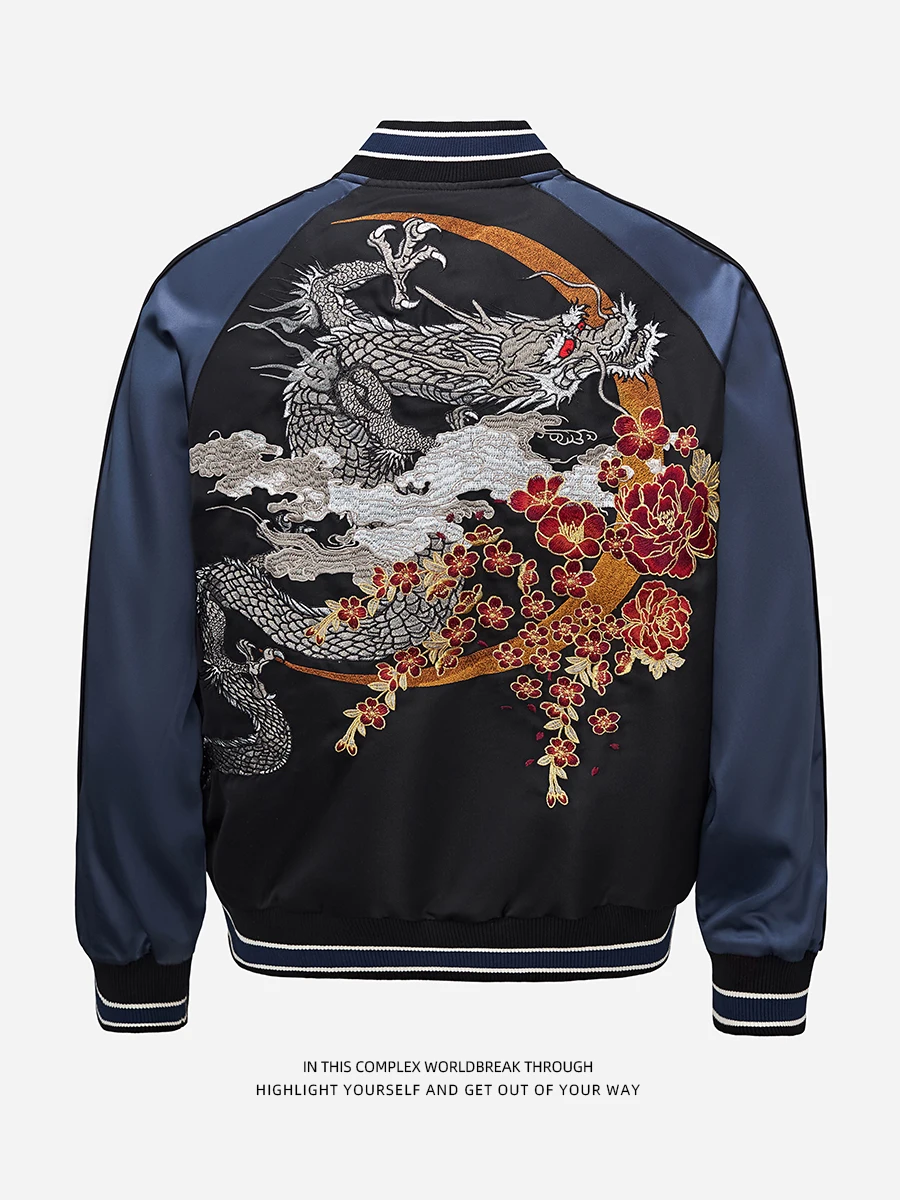 Retro Heavy Embroidery Dragon Jacket Baseball Style Color Block Men's Spring Autumn Fashion Standard Fit Long Sleeve Zipper C...