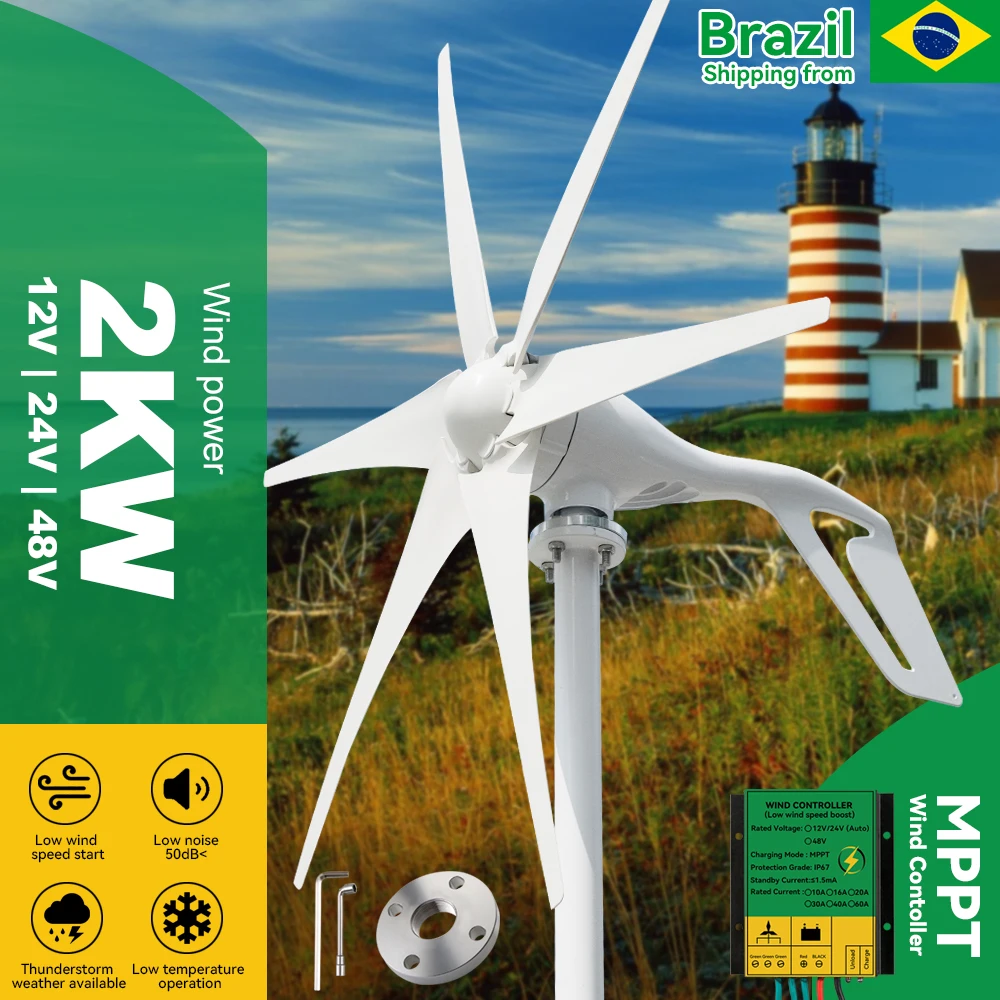 

Shipping From Brazil 2kw Small Wind Turbine Generator Power 6 Blades 12v 24v 48v With Mppt/Hybrid Charge Controller For Home Use