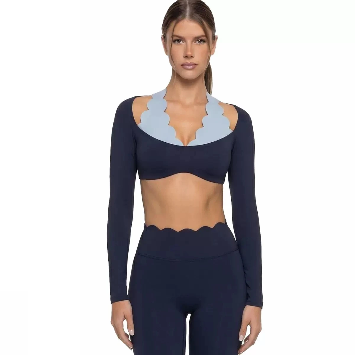 Haut de sport pour femme à manches longues, coupe ajustée, très élastique, avec dentelle, pour le yoga, le fitness et le Pilates