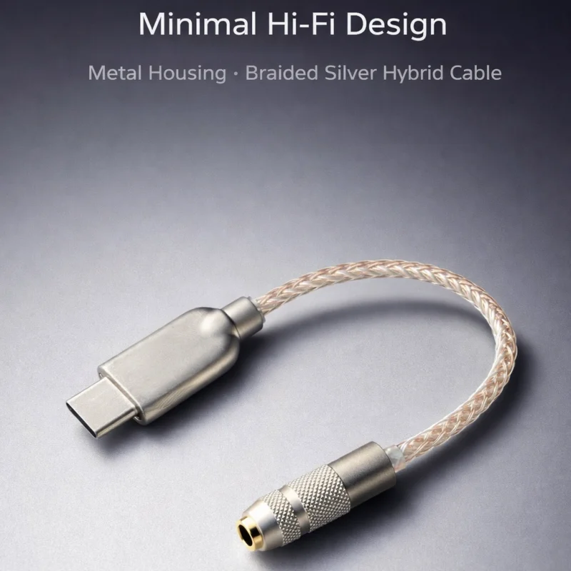 LingYan Digital USB-C Hi-Fi DAC Adapter, Dual-Chip CX31993 + MAX97220, 32-Bit/384kHz, 8-Core Silver Cable, Metal Housing