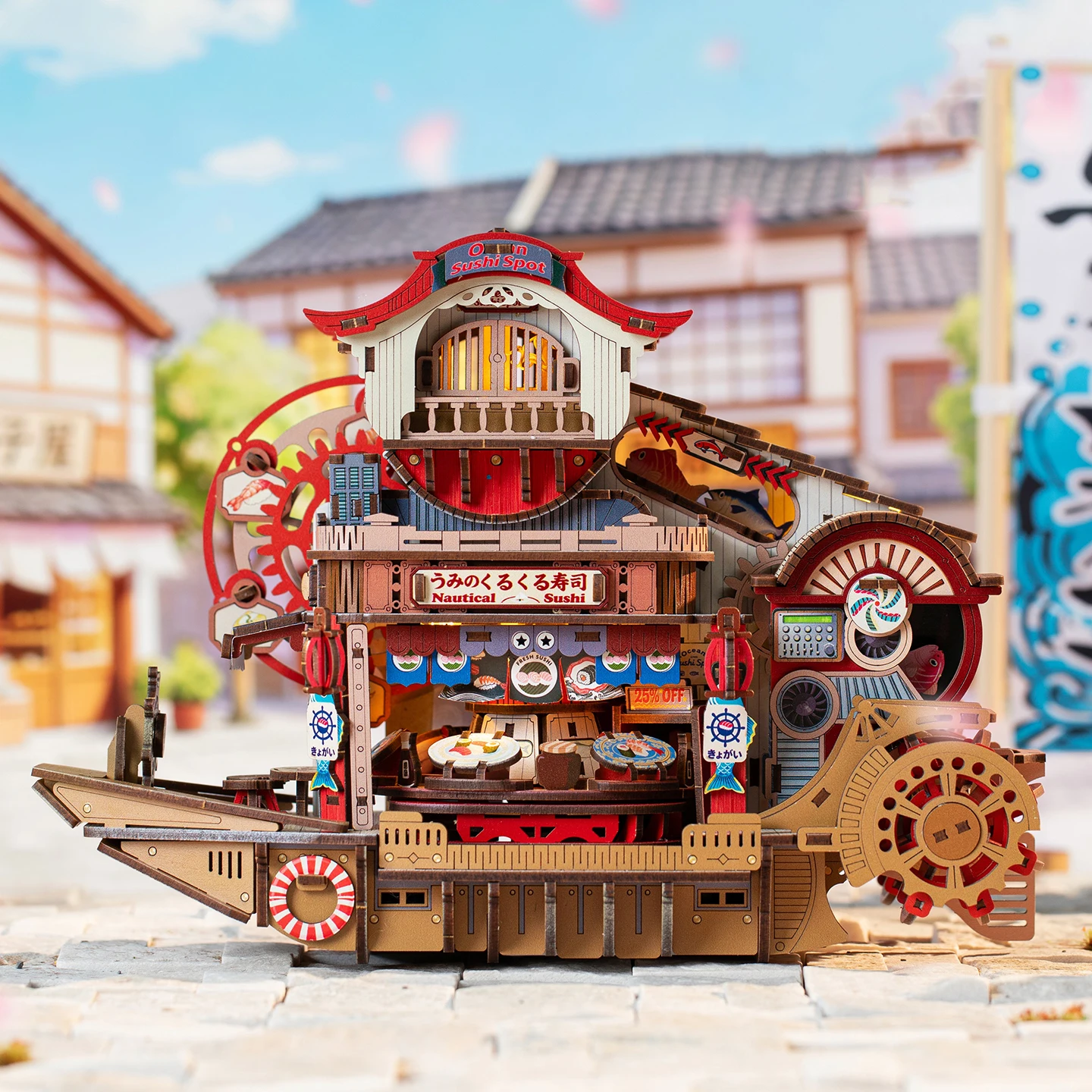 DIY Wooden Nautical Sushi Store Figurines Miniatures Bookend Assembled Houses for Friends Birthday Gifts Home Decoration