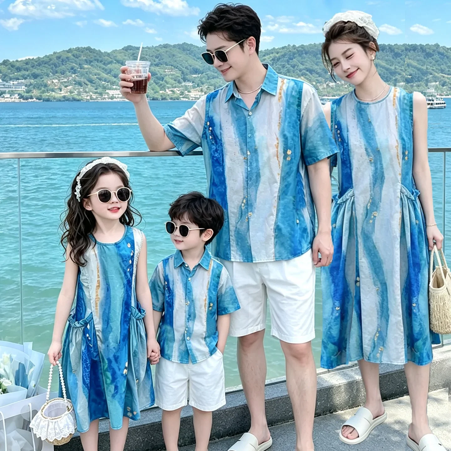 2026 Summer Family Matching Outfits Tie-Dye Beach Dress & Short Sleeve Shirt Set for Mom Dad Kids Vacation Photoshoot