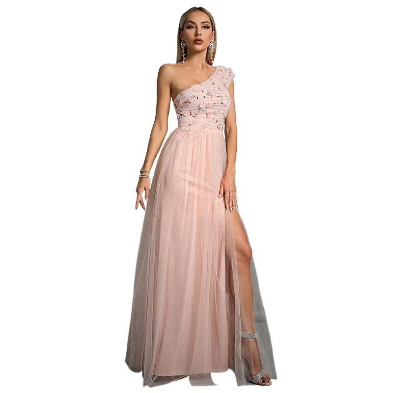 

Elegant One Shoulder Appliques High Split Long Formal Evening Dress