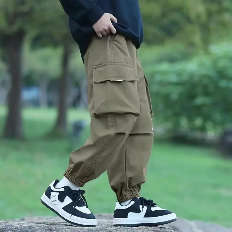 Boys Outdoor Cargo Pants Autumn Teens Kids Cool Casual Jogger Trousers Fashion Boys Drawstring Cuff Long Pants Children Clothing