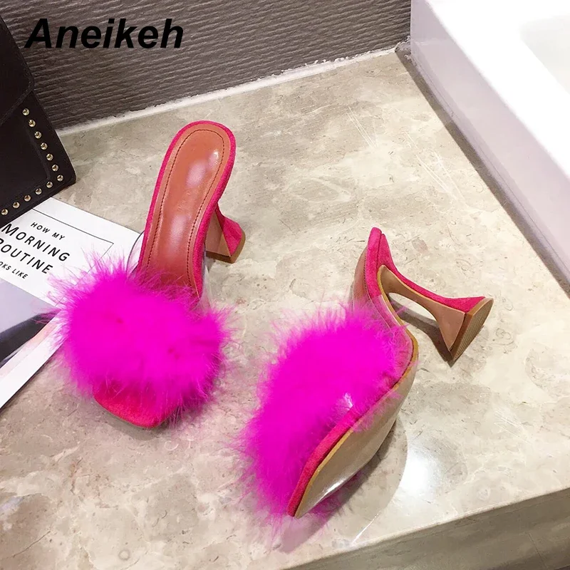 Aneikeh Fashion Fluffy Slippers Slides Women Square head Peep Toe Slip on Sandals Spike Heels Elegant Comfortable Ladies Shoes