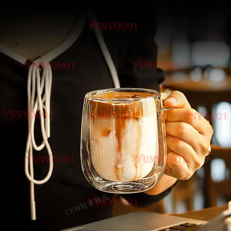 Double Layered Water Cup with Heat-resistant and Heat-resistant Handle, High-value Glass Coffee Cup for Household Use