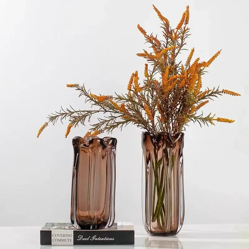 Modern Luxury Petal Amber Vase Decoration Nordic High-end Minimalist Living Room Dining Table Soft Decoration Floral Ware