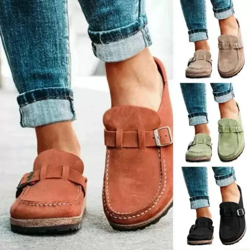 

Retro Womens Shoes Classic Belt Buckles Mules Slides Quality Suede Casual Flat Slippers Women Baotou Half Slippers Zapatos Mujer