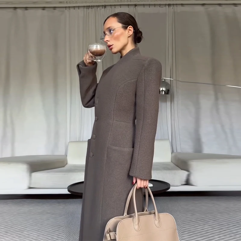 

Boutique Elegant Single Breasted Wool Coat Trendy Casual Luxury V Neck Trench Maxi Jacket Women's Versatile Shaping Office Tops