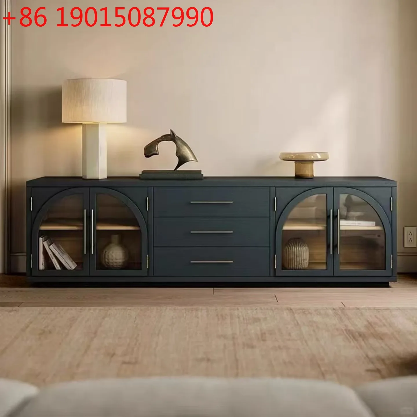 

French retro solid wood arched TV cabinet, simple floor cabinet, living room home storage cabinet
