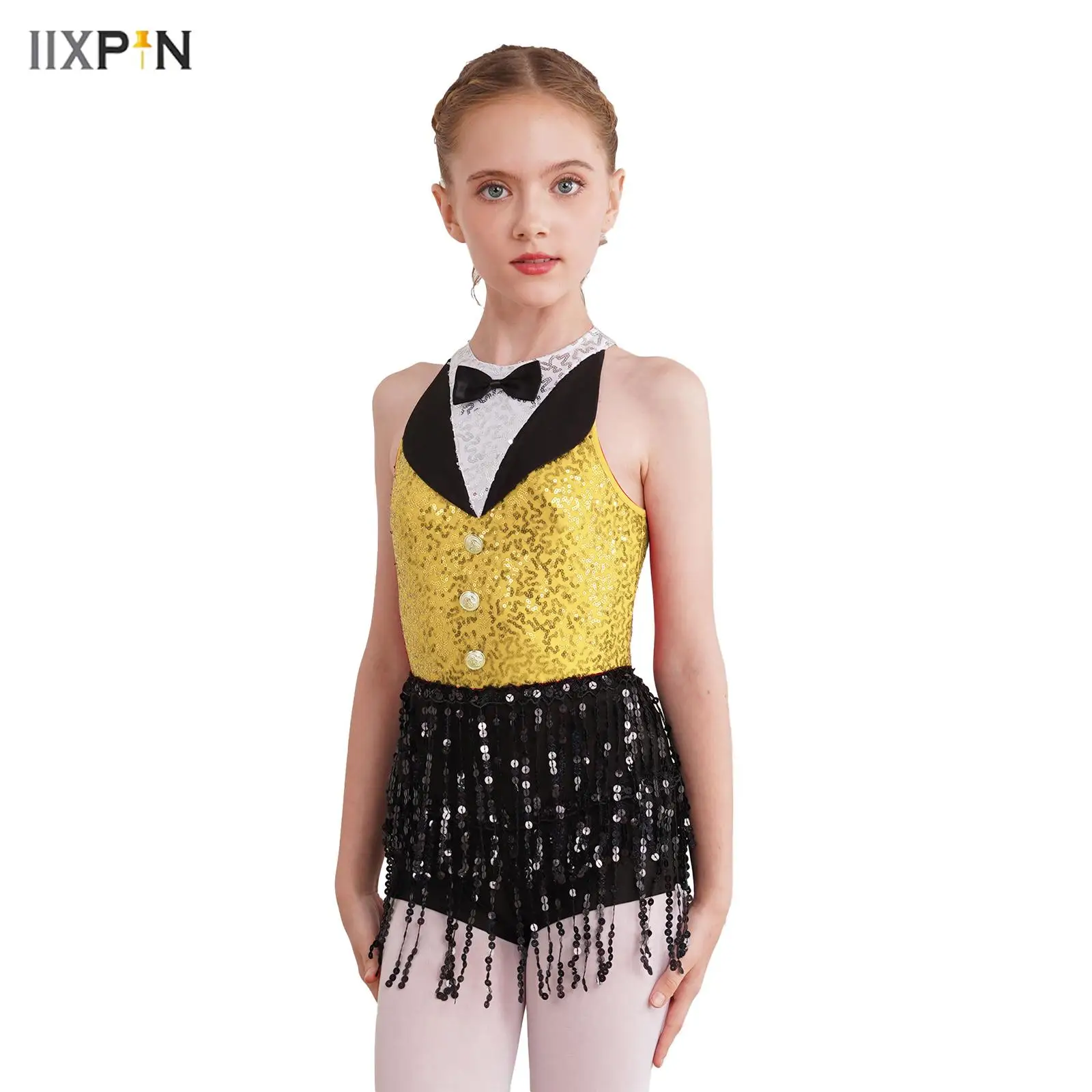 

Girls Sequins Latin Jazz Dancing Dress Sleeveless Glitter Sequin Tassel Leotard Bodysuit Boyshorts Ballroom Cha-Cha Dancewear