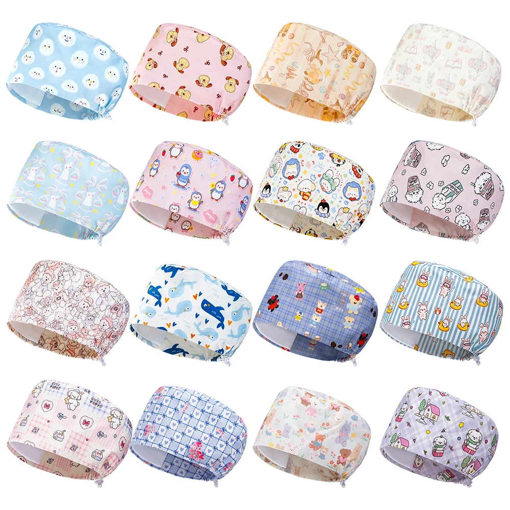 Fashion Printed Medical Caps for Women Men Long Hairs Adjustable Surgical Scrub Hats Cotton Hospital Skullcap K1370
