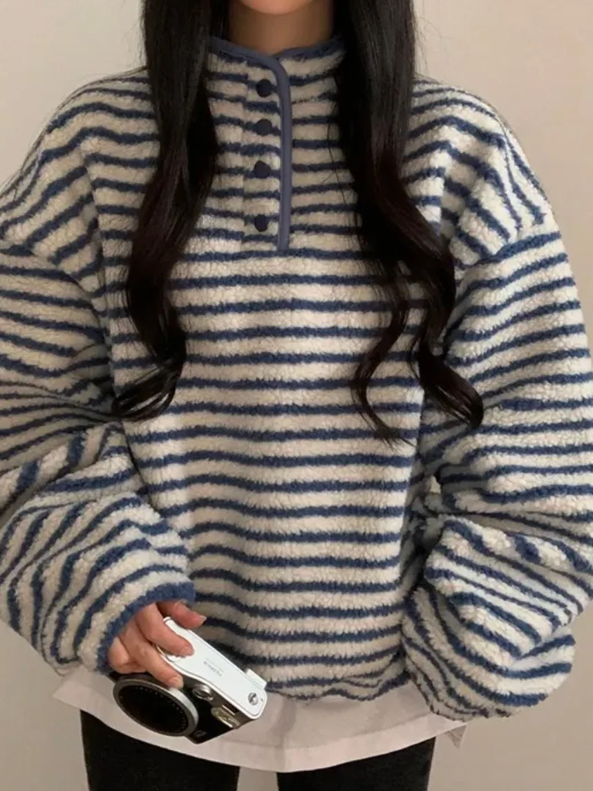 

Корейская женская свободная флисовая куртка с капюшоном, на плюшевой подкладке, осенне-зимняя новинка, полосатая толстовка, хлопковая верхняя одежда