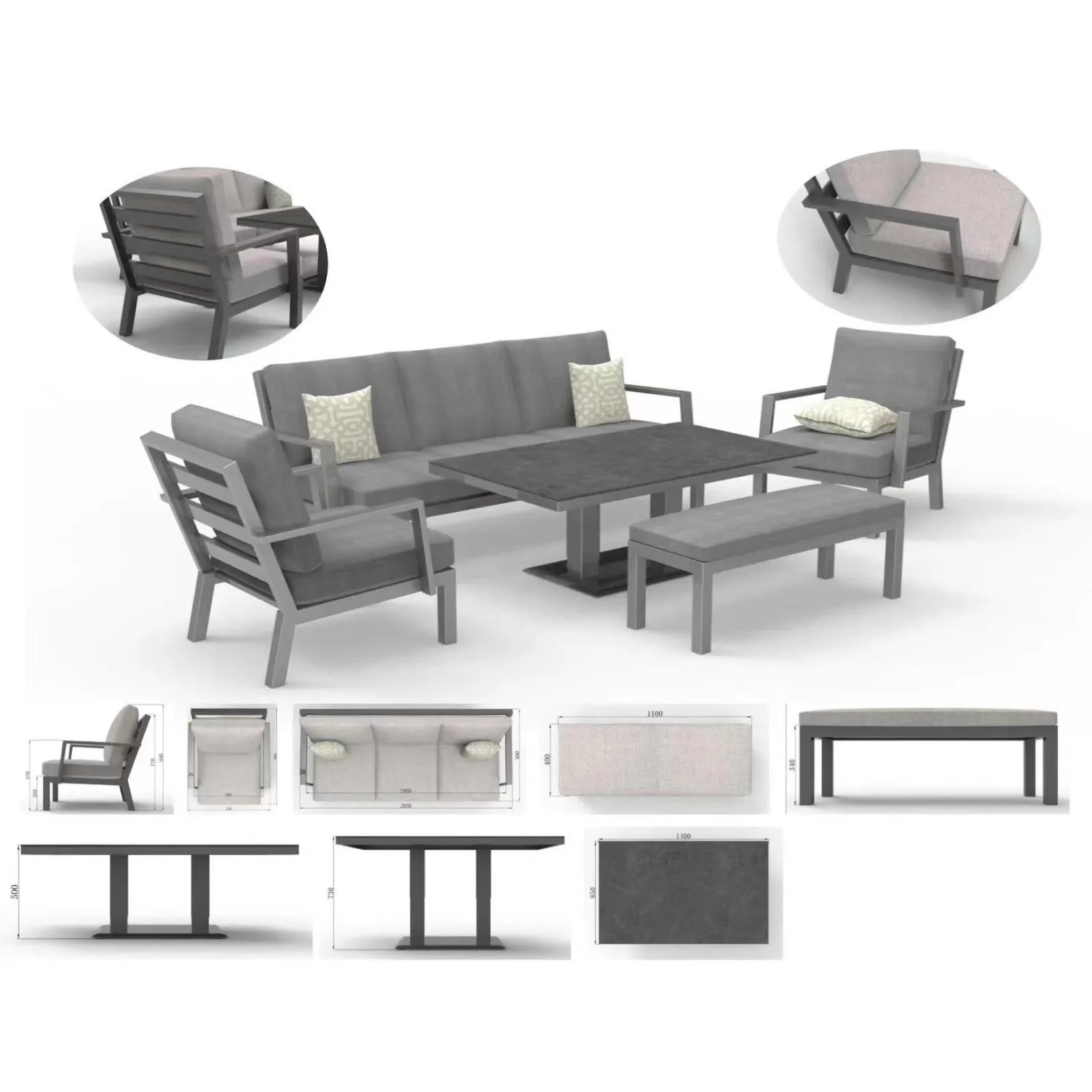 Metal Outdoor Dining Set Patio Conversation Sofa With Adjustable Height Table Garden Furniture Hotel Seating Group