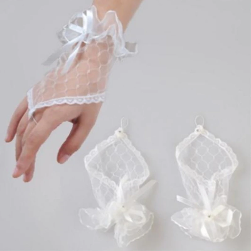 ZB91 Women Short Lace Fingerless Gloves Bridal Wrist Bowknot White Mittens Opera Evening Wedding Tea Party Cosplay Mittens