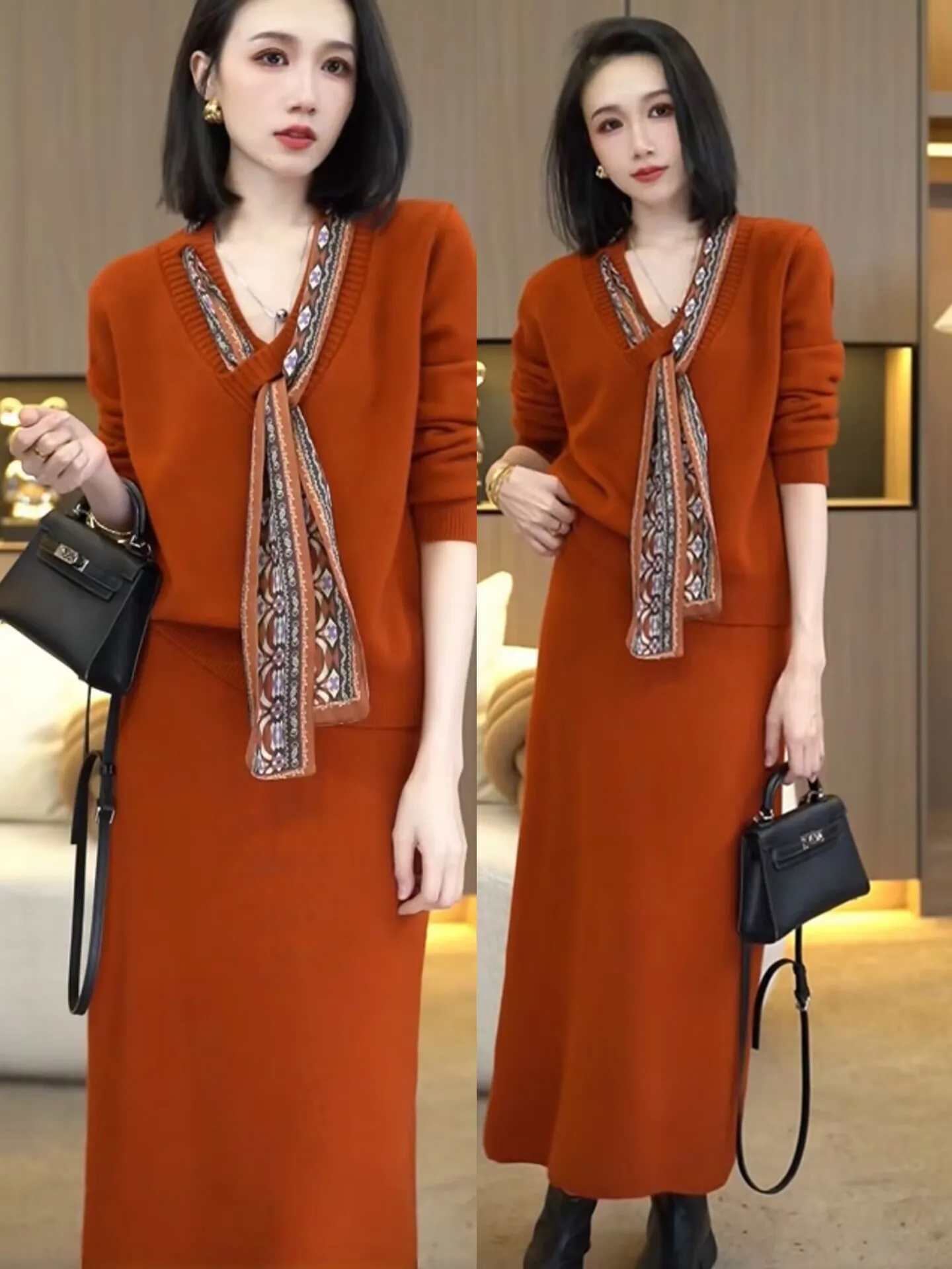 

Ele простой шарф с v-образным вырезом, вязаный свитер, комплект из двух предметов, утягивающая юбка, оранжевый свитер, ансамбль