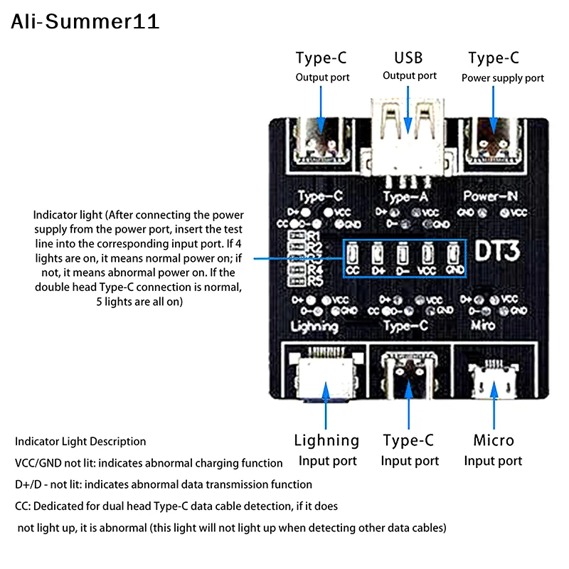 【Hlr】DT3 Data Cable Detection Board USB Tester For Type-C Micro USB C Short Circuit On-Off Switching Diagnose Test Board Tool