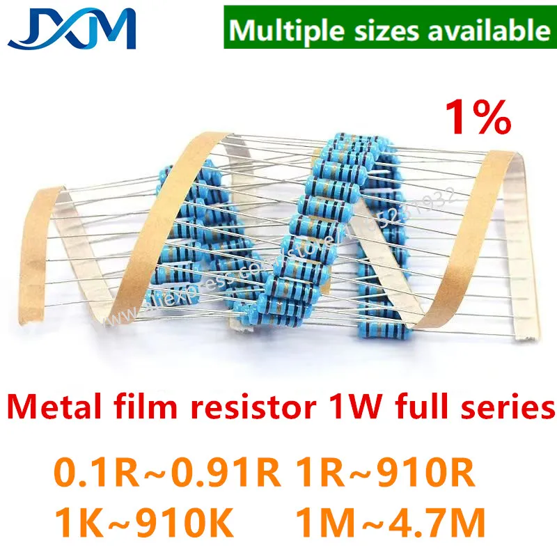 20pcs/lot 1W Metal film resistor element 1% Five-color ring 0.33R 1R 4.7R 10R 20R 30R 33R 47R 100R 200R 300R 1K 2K 4.7K 10K 1M