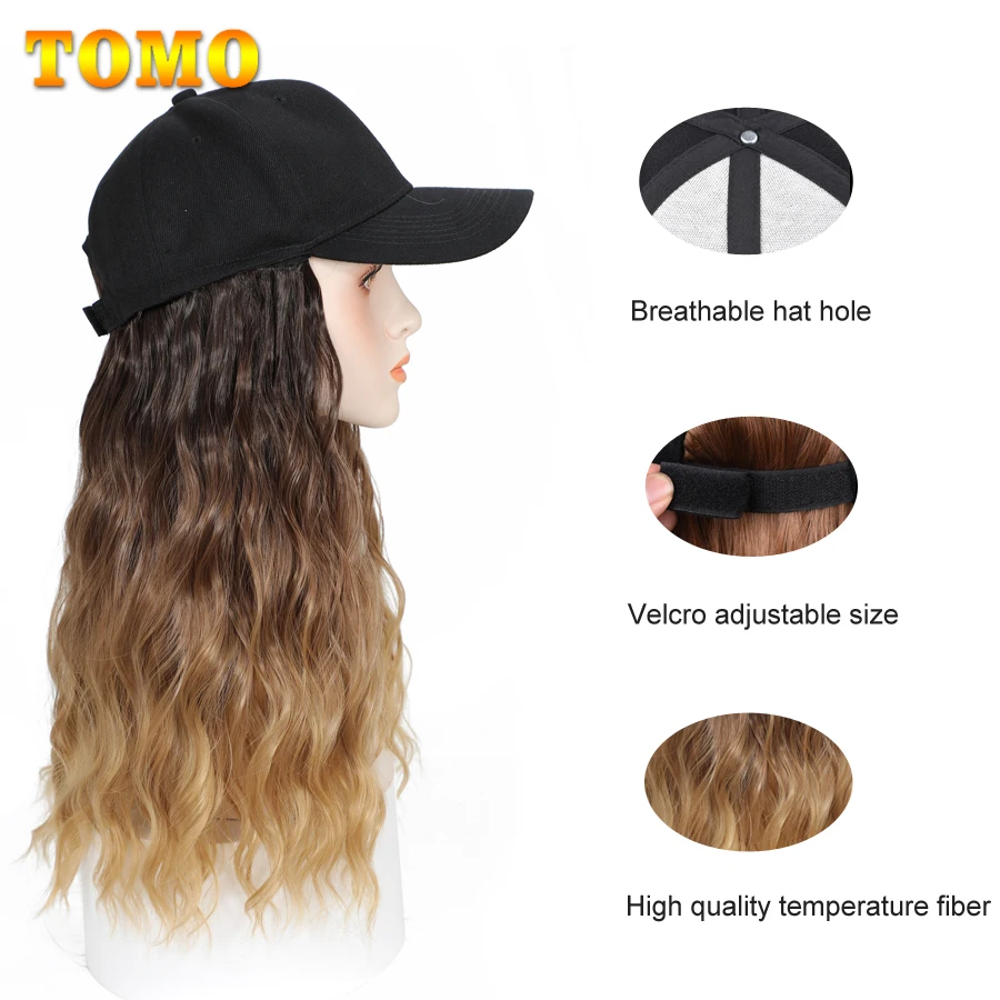 TOMO Baseball Cap With Curly Synthetic Hair Extensions For Women Long Water Wave Adjustable Hat Wig Wavy Hairstyle For Daily Use