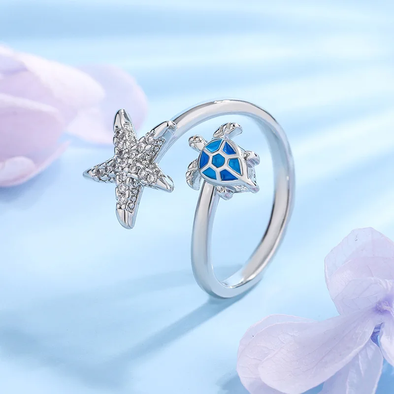Neue Modische Temperamentvolle Stern-Blau-Schildkröten-Ringe aus 925 Sterling Silber, Persönlicher Tiermotiv-Öffnungsring R386