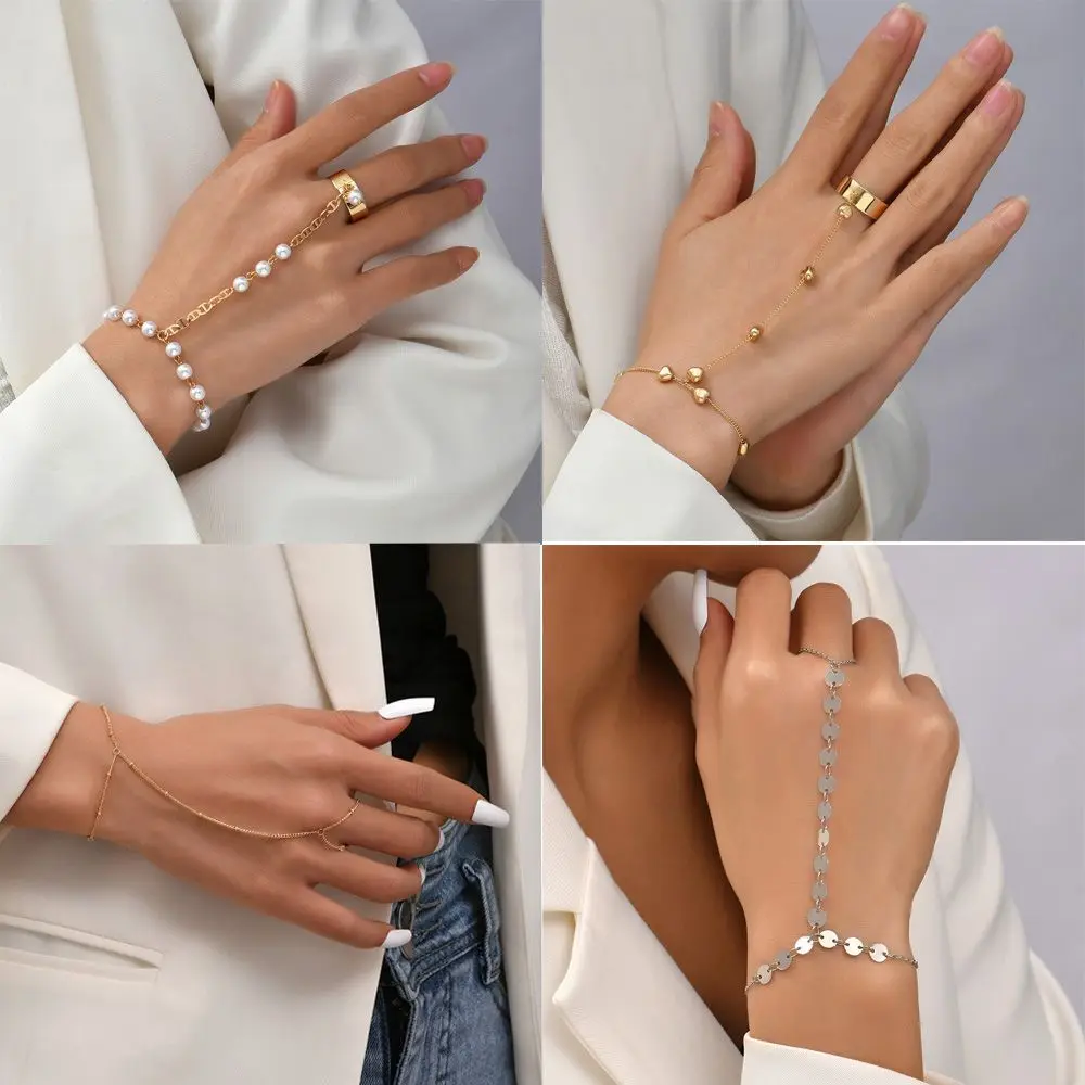 Boho Simple Layered Wrist Chain Tassel Finger Ring Bracelet Linked Finger Slave Chain For Women Link Hand Harness Bangle Jewelry