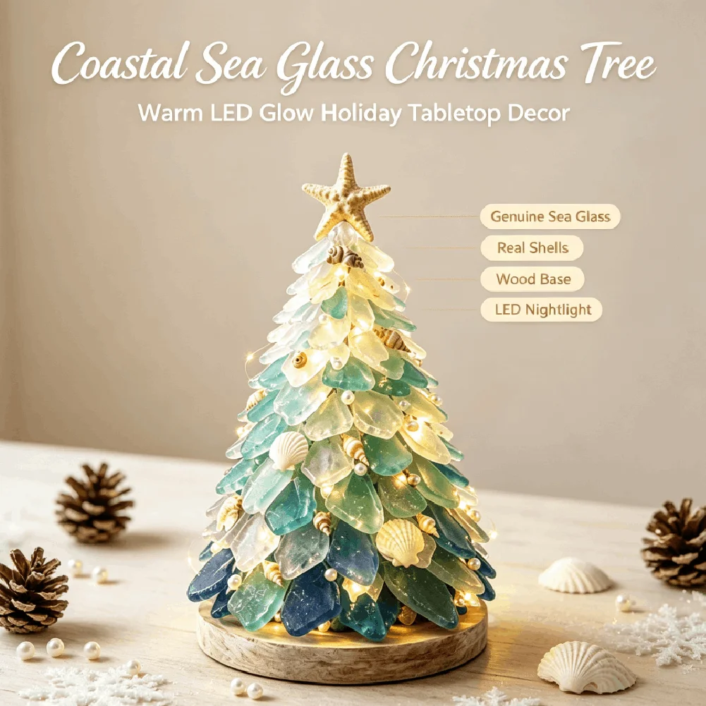 DIY Sea Glass Coastal Christmas Tree Kit With Warm LED Light Real Shell Wooden Base Handmade Tabletop Xmas Ornament Home Decor