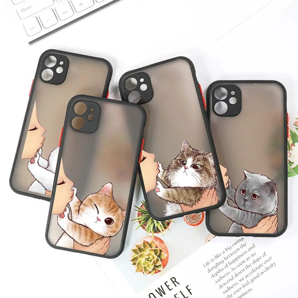 Girl Face No Kisses Cat Cute Matte Case For iPhone 14 13 Pro Max 12 11 Pro SE 2020 XS XR 7 8 Plus Luxury Fundas Clear Back Cover