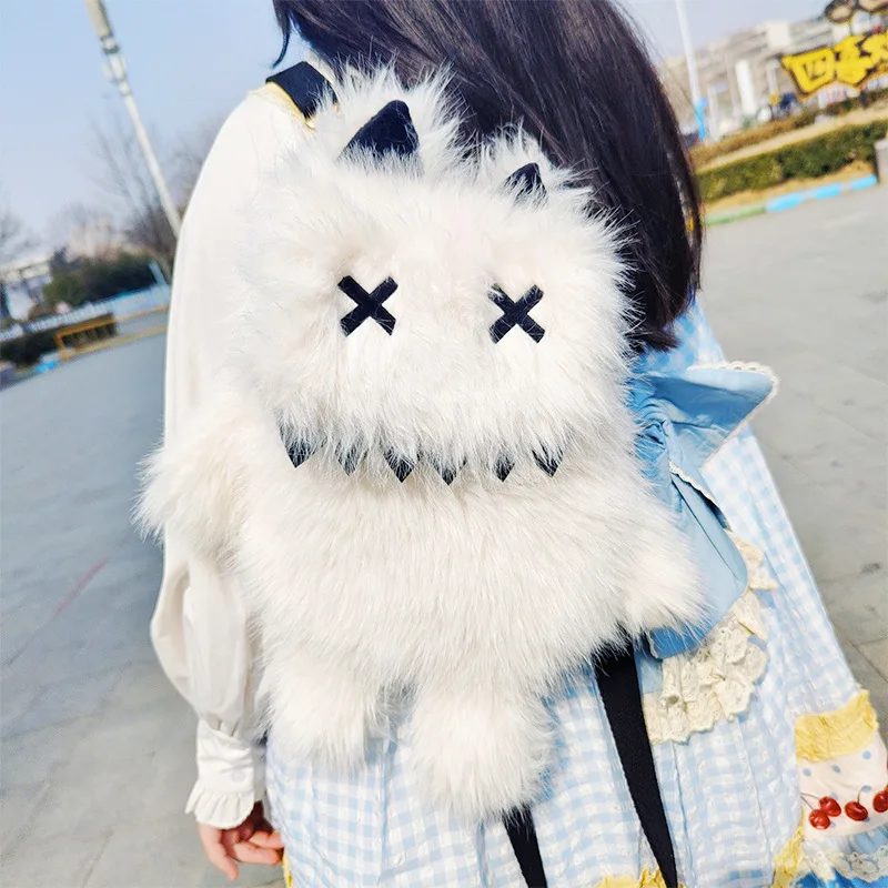 Subculture Gothic Lolita Girl Dark Fashion School Bag Teenager Cute Plush Little Monster Black White Handbag Bag