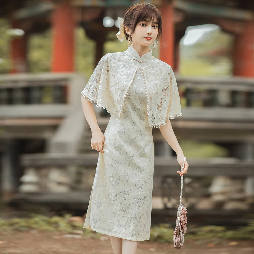 

Women Spring Traditional Cheongsam with Shawl Lace Short Sleeve Vintage Dress and Wrap Slim Qipao Costumes