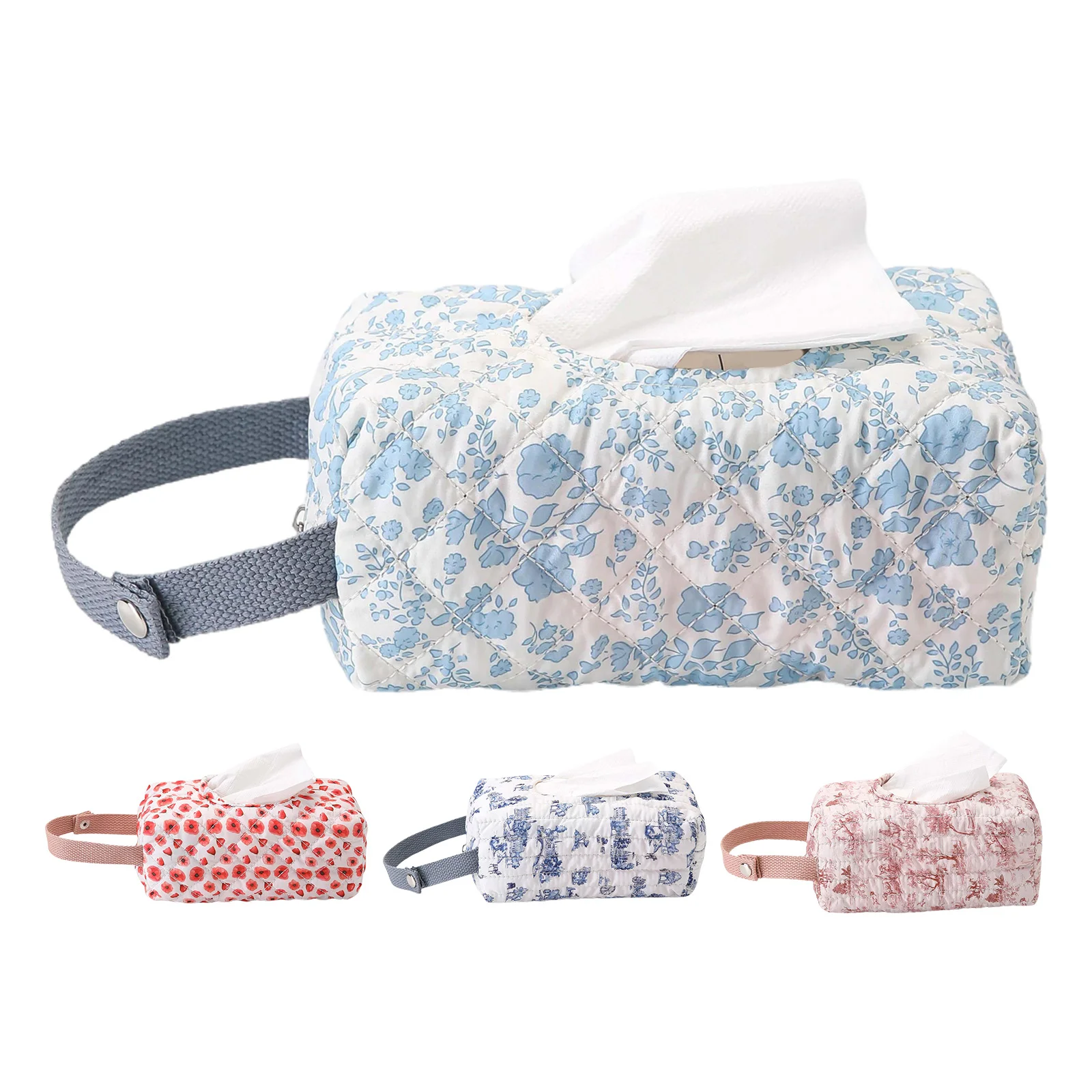 Caja de pañuelos para bebé con estampado floral, tapa abatible, caja de almacenamiento de servilletas extraíble, bolsa reutilizable para toallitas húmedas con diseño floral para coche o cochecito.
