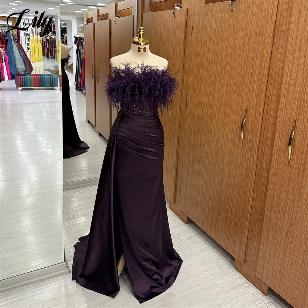 Lily Dark Purple Prom Dress Strapless Pleats Evening Dress With Feathers Beading Mermaid Satin Party Dress Side Split  프롬드레스