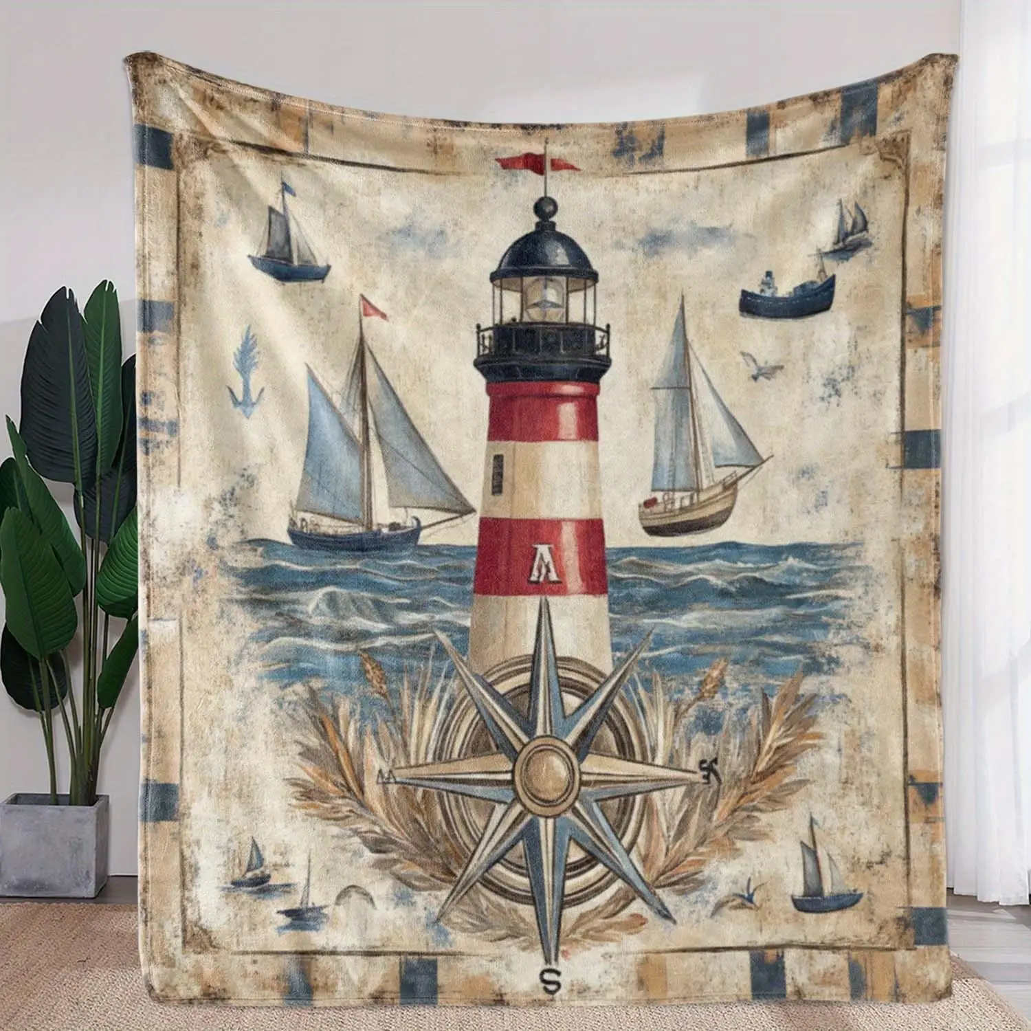 Nautical Lighthouse Coastal Decor Throw Blanket Sailor Ship Ocean Vintage Beach Bathroom Wall Hanging