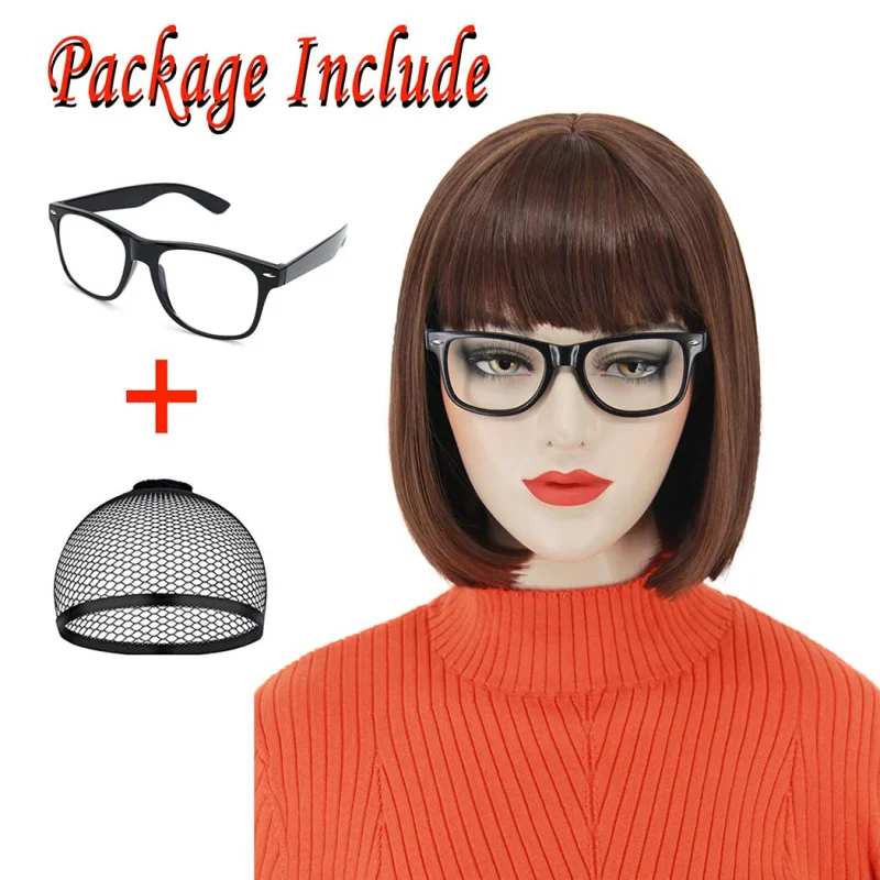 شعر مستعار بني قصير، مناسب لأزياء النساء والفتيات. باروكة صناعية مستقيمة بنية اللون مع غرة، مثالية للاستخدام اليومي