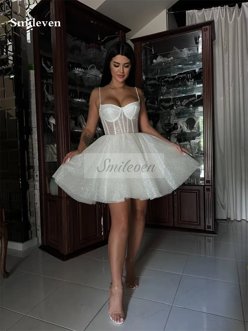 Smileven-Vestido de novia corto con tirantes finos, minivestido de novia con purpurina brillante, escote Corazón, 2024