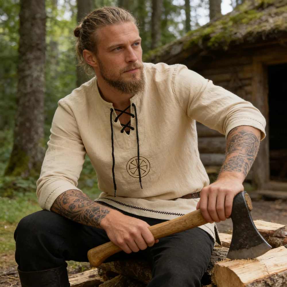 Herren Viking Vegvisir Tunika – Mens Linen Shirt Long Sleeve Bewertung und Preis