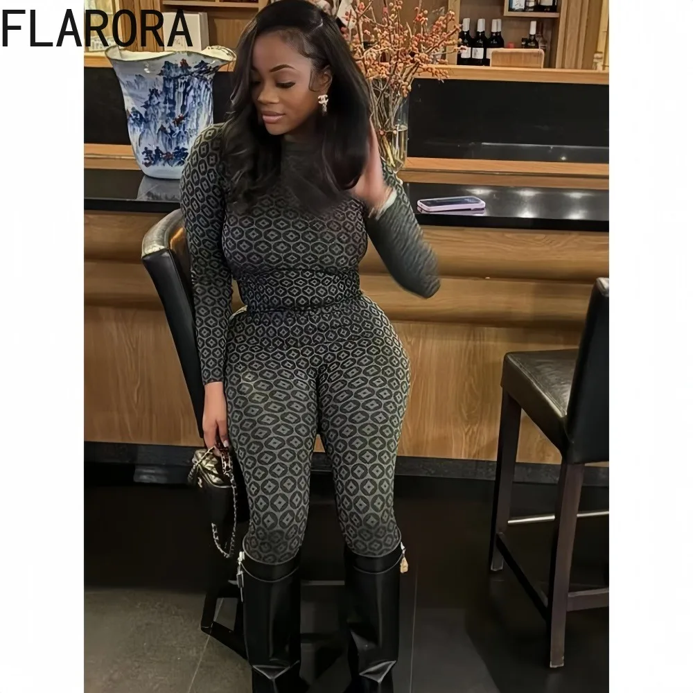 

FLARORA Fashion Print Two Piece Sets Woman Round Neck Long Sleeve Slim Fit Tops And Bodycon Pants Outfits Female Street Suits
