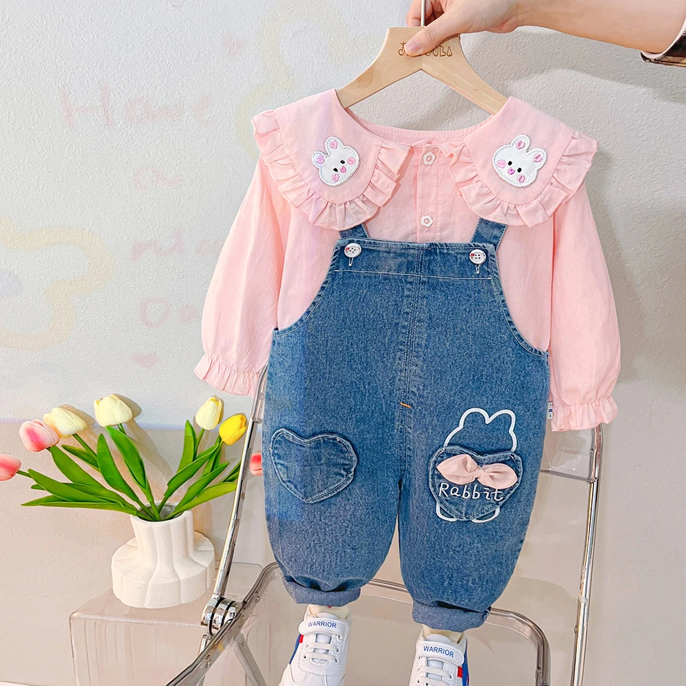 2023 Spring Baby Girls Clothing Sets Toddler Kids Lace Bow Shirt Overalls 2 Pcs Suit Children Sportswear Infant Casual Outfits