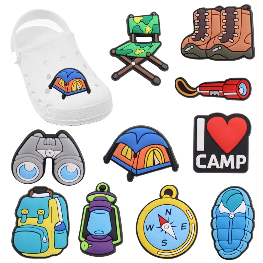 Mix 50PCS PVC Buckle Clog Camp Telescope Chair Flashlight Sleeping Bag Backpack Compass Shoe Charms Garden Shoes Accessories