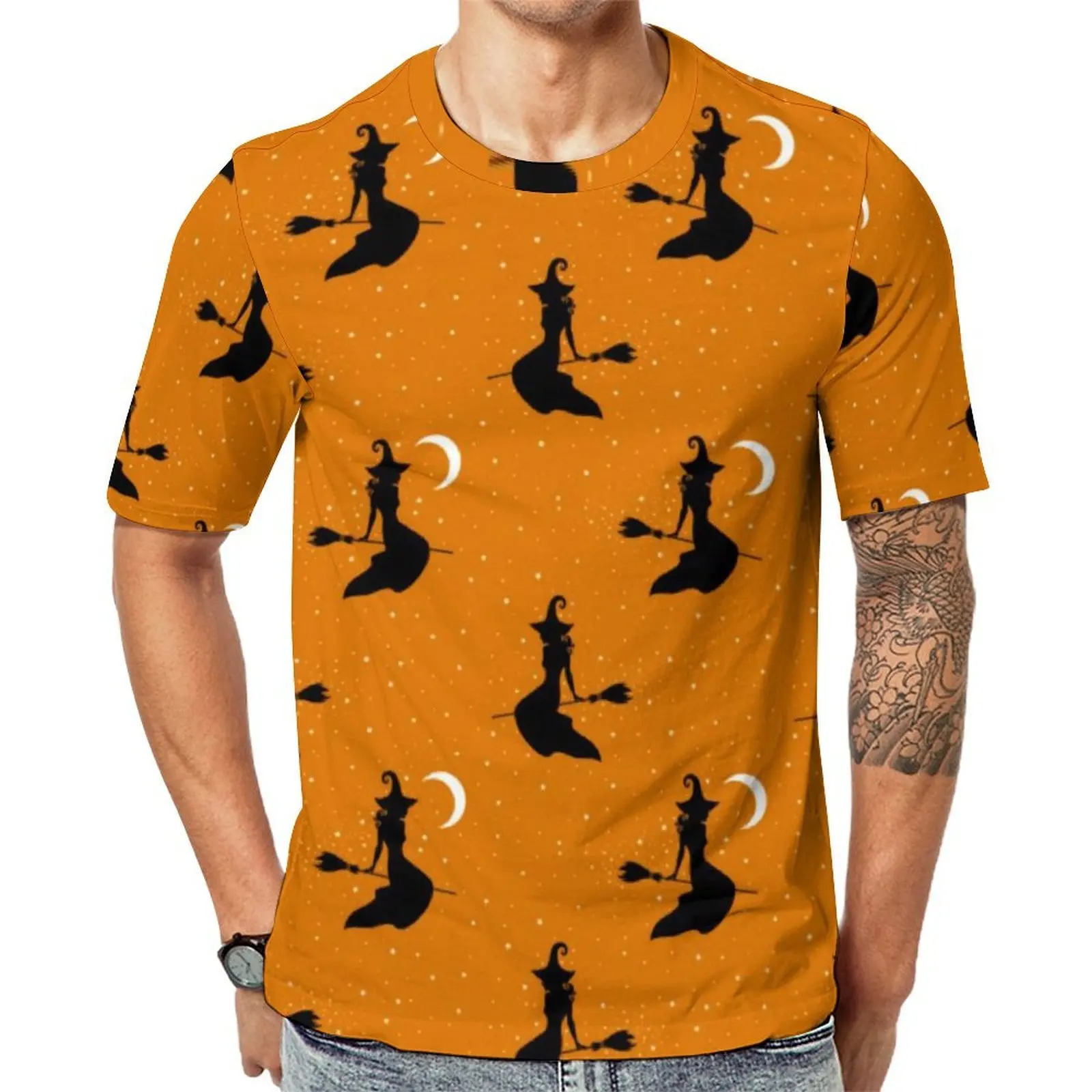 Men Creepy Witch Spooky T Shirt Halloween Print Novelty T Shirts Short Sleeve Graphic Tops Summer Funny Oversized Top Tees