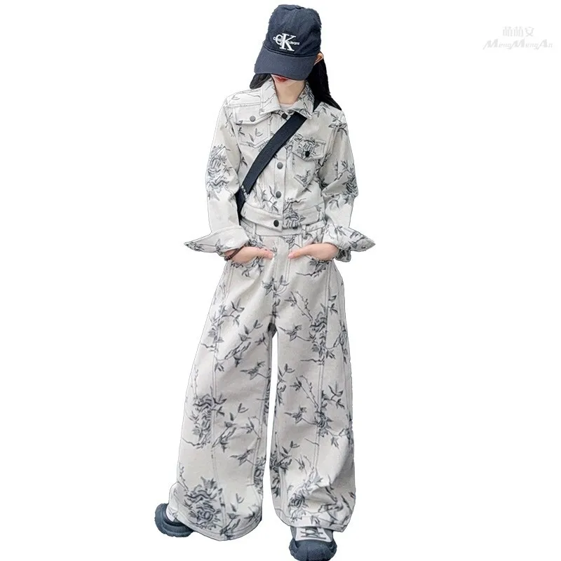 ink wash paining denim jacquard lapel coat wide-leg jeans Chic teen girls clothes set junior kid cowboy pants suit 158