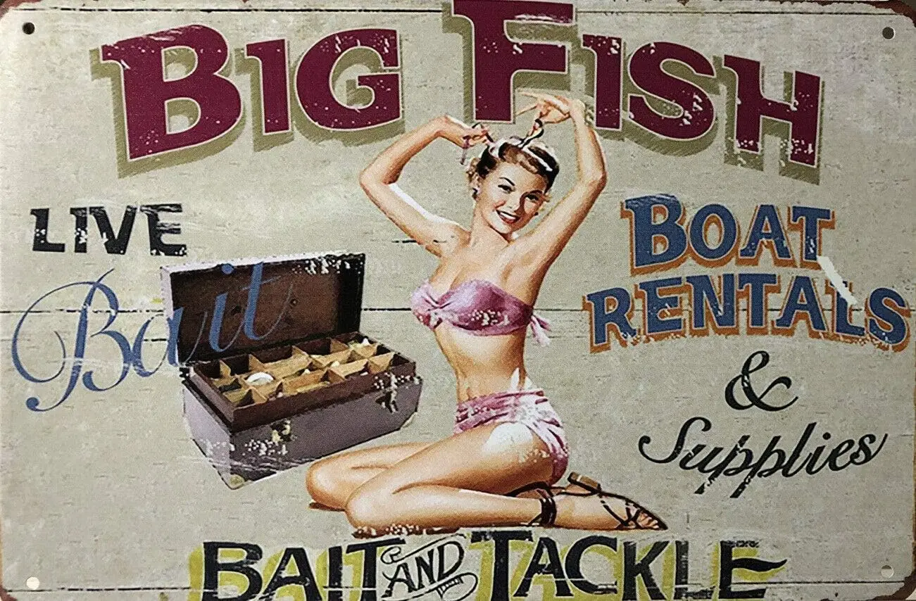 Tin Sign Vintage Chic Art Decoration Poster Big Fish Pin Up Girl for Home Bar Cafe Farm Store Garage or Club 12