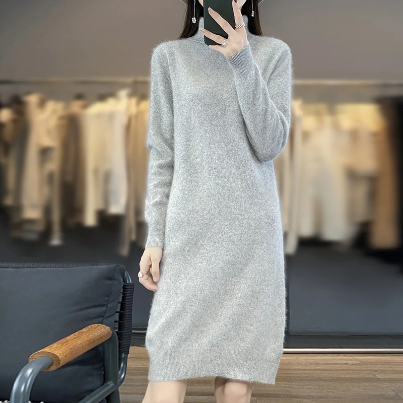 Female New 2023 Autumn And Winter Mink Cashmere Sweater Woman High Turn-Down Collar Long Dress Pullover Knitted Bottoming Skirt