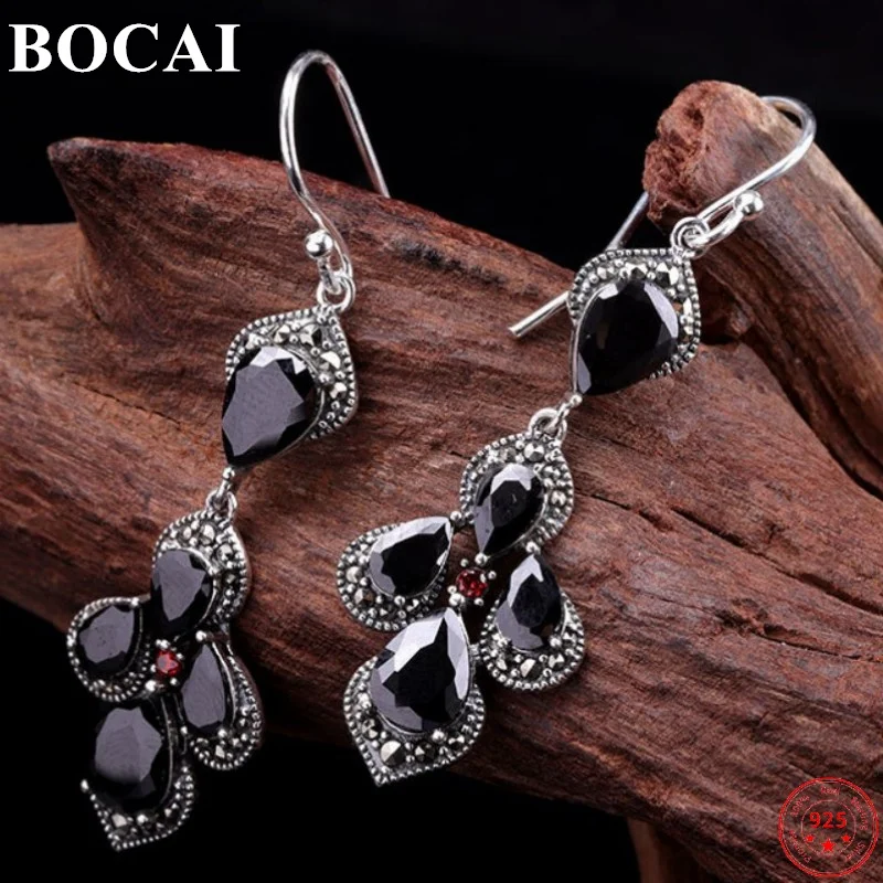 

BOCAI S925 Sterling Silver Earrings for Women New Fashion Water-Drop Garnet Agate Ear Drop Pure Argentum Gem Jewelry