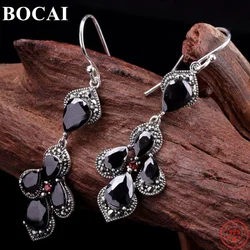 BOCAI S925 Sterling Silver Earrings for Women New Fashion Water-Drop Garnet Agate Ear Drop Pure Argentum Gem Jewelry Wholesale
