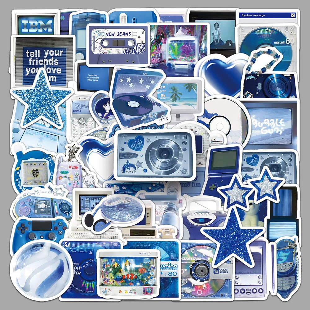 Pegatinas azules Retro Y2K, calcomanías electrónicas digitales de dibujos animados, juguetes para niños, monopatín, teléfono, Notebook, bicicleta, juguetes impermeables, 10/30/50 Uds.