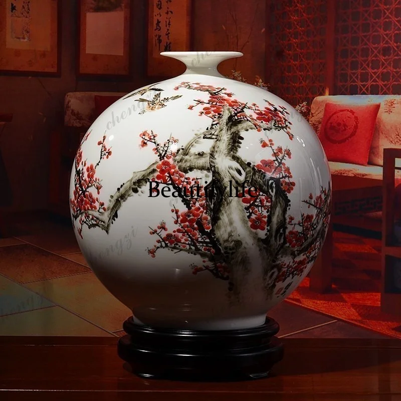 A95 "Plum Open Five Blessings" ceramic hand-painted vase ornament, Chinese classical decorative handicrafts in the living room
