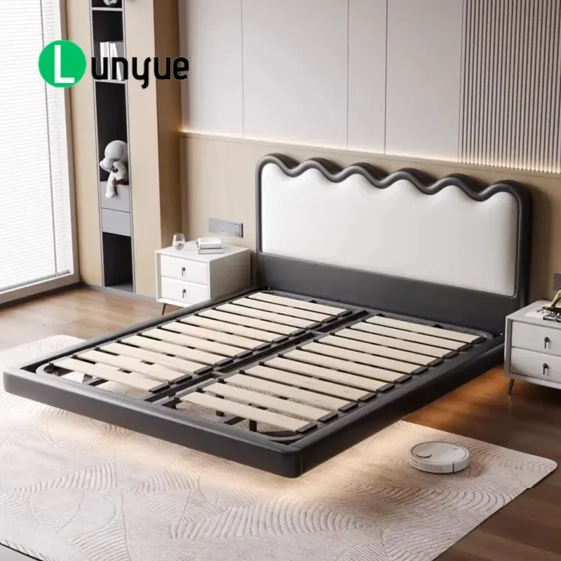 French Luxury Bed with Wavy Headboard Modern Bedroom Furniture Customizable Leather Colors Wholesale Home Decor