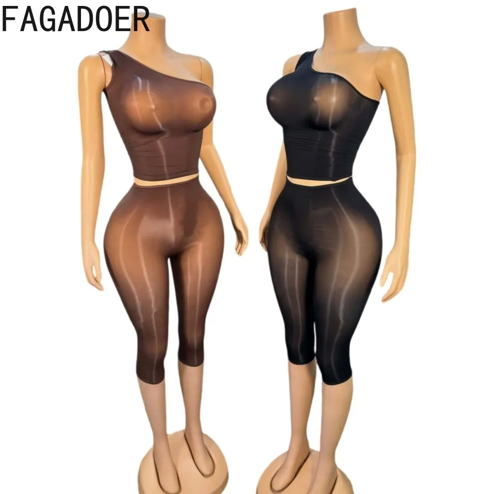 FAGADOER Women Sexy See Through Two Piece Outfit One Shoulder Crop Top and High Waist Capri Leggings Club Party Night Out Set